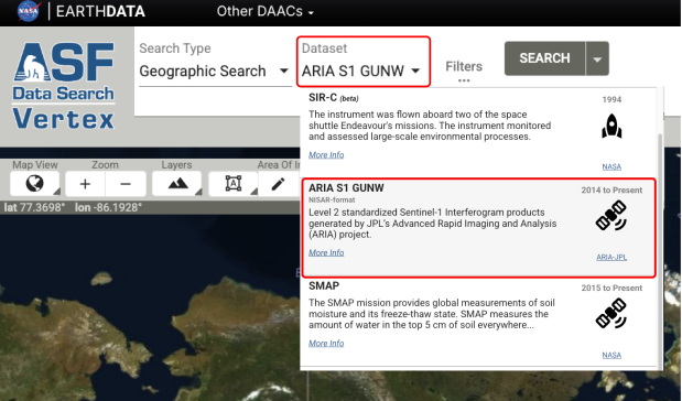 Vertex ARIA S1 GUNW Dataset Selection