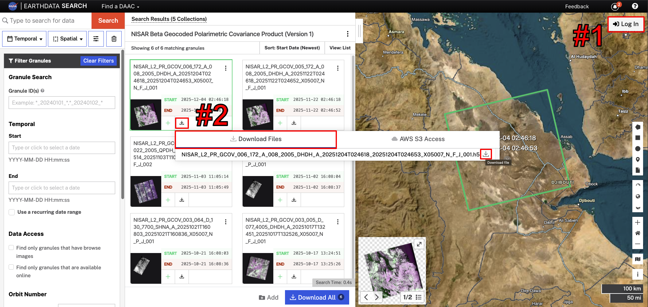 Screenshot showing how to select and download a single GCOV granule.  