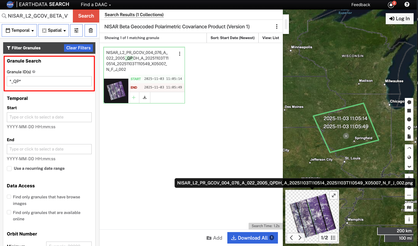 Screenshot showing a Granule ID search using `*_QP*` to find quad-pol GCOV products.   