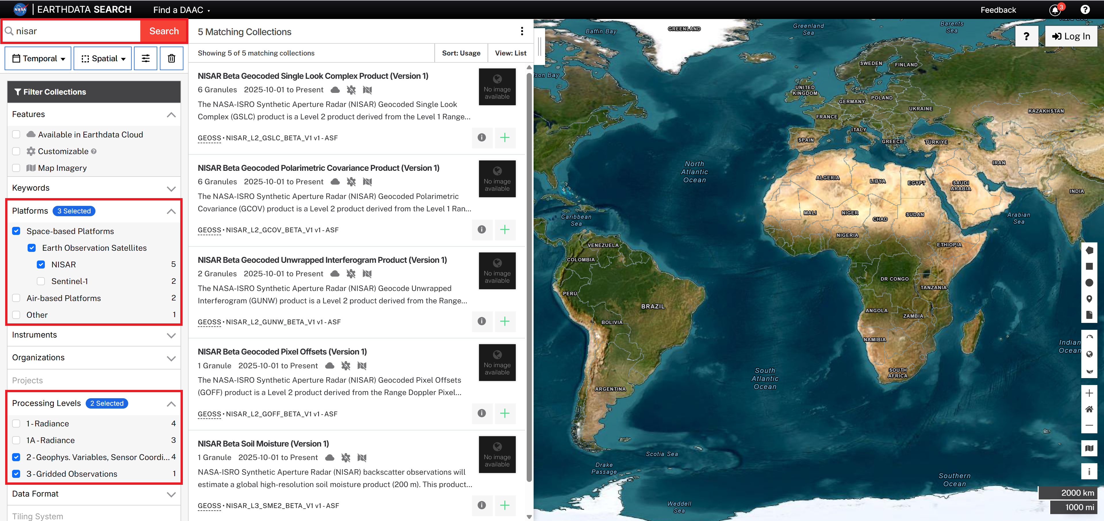 Screenshot showing the platform and processing level filters in Earthdata Search selected to be NISAR and Level 2 and Level 3, respectively. 
