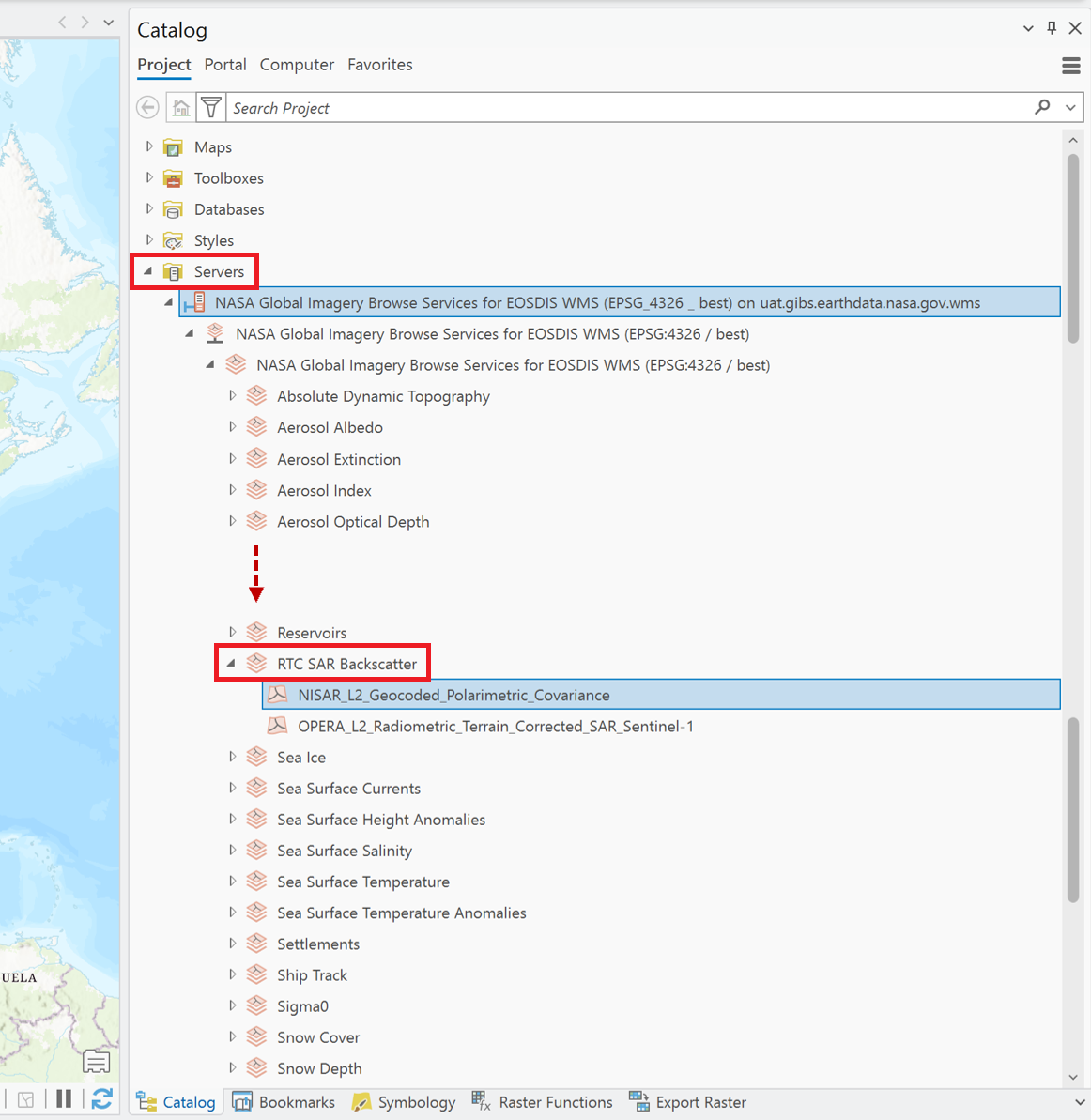 Screenshot of finding and adding the NISAR GCOV service to an ArcGIS Pro map
