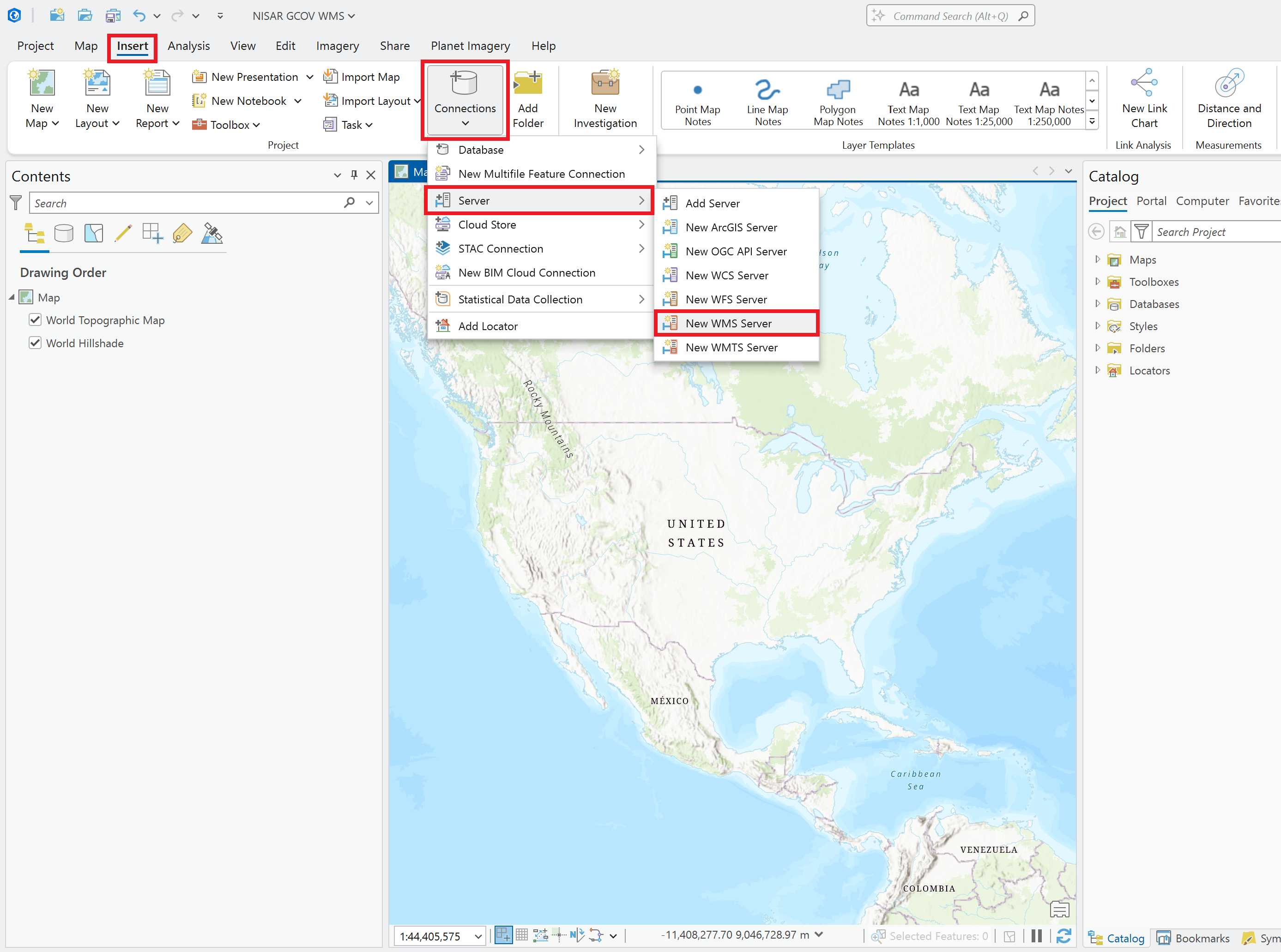 Screenshot of adding a new WMS server in ArcGIS Pro