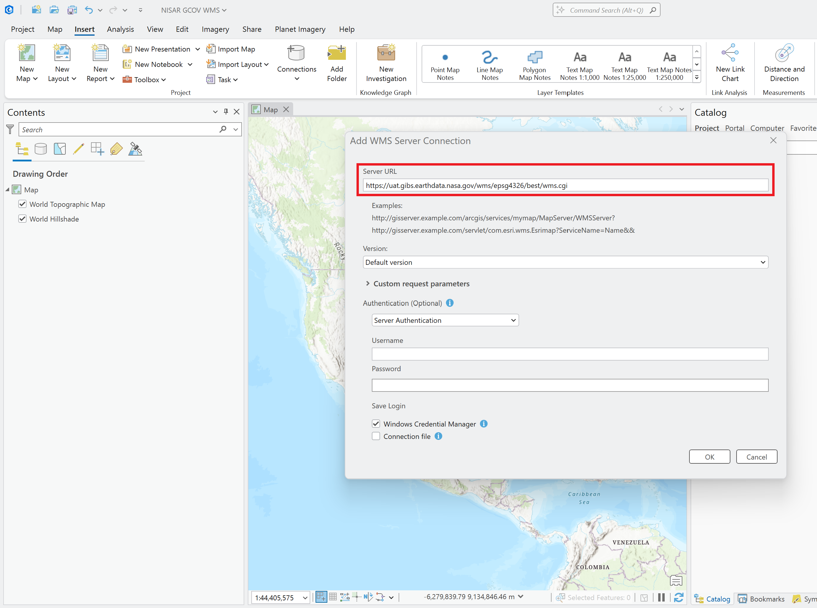 Screenshot of entering the URL for the GIBS WMS to an ArcGIS Pro Server Connection setup