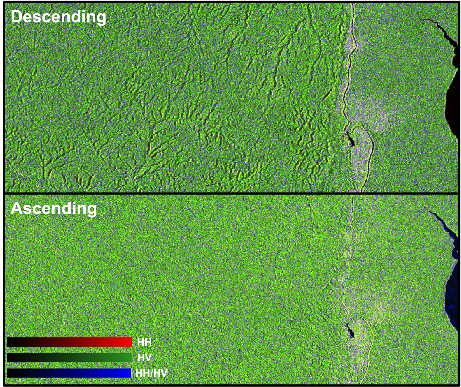 A small geolocation offset is apparent in the descending image but not the ascending image due to the ascending image being correctly aligned with the DEM.