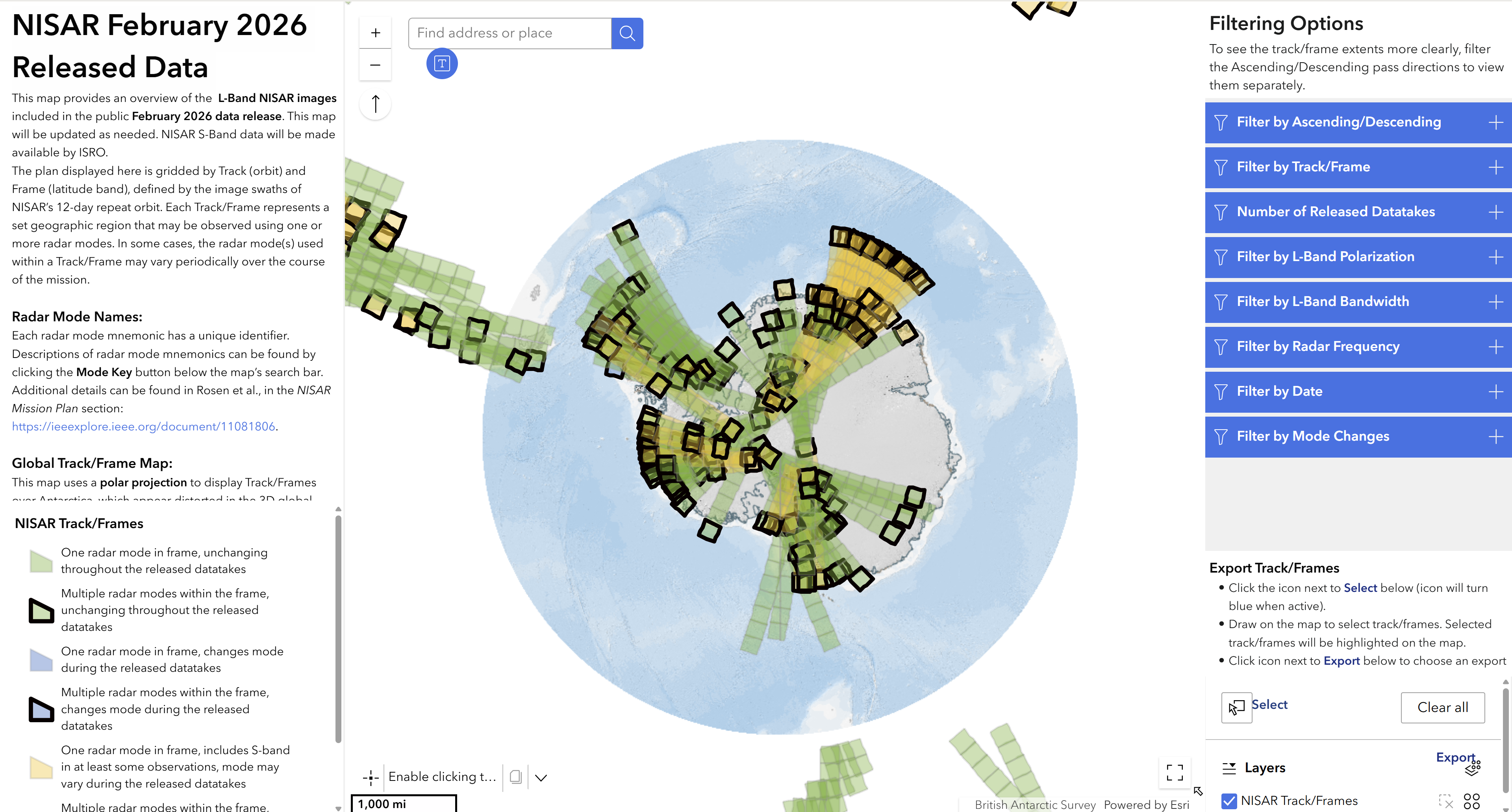 Click to open the NISAR February 2026 Released Data app (Antarctic view)