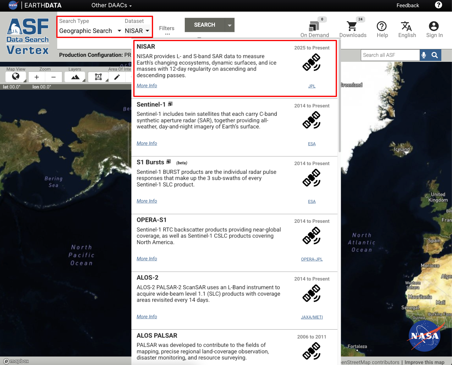 Image depicting the option to select NISAR from the Datset options. 