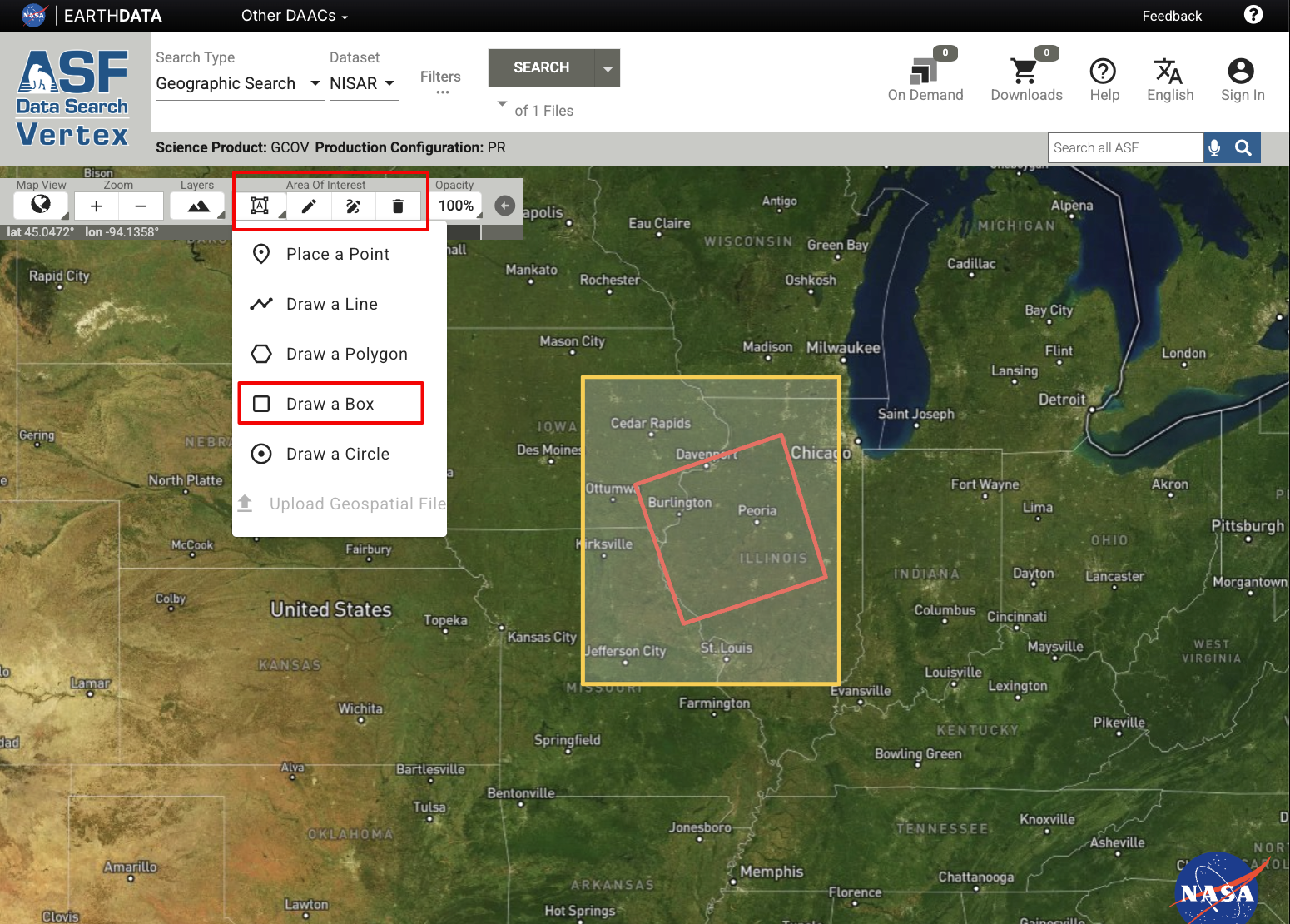 Screenshot of Vertex highlighting the "Geographic Search" option to draw a region of interest to search for products. 