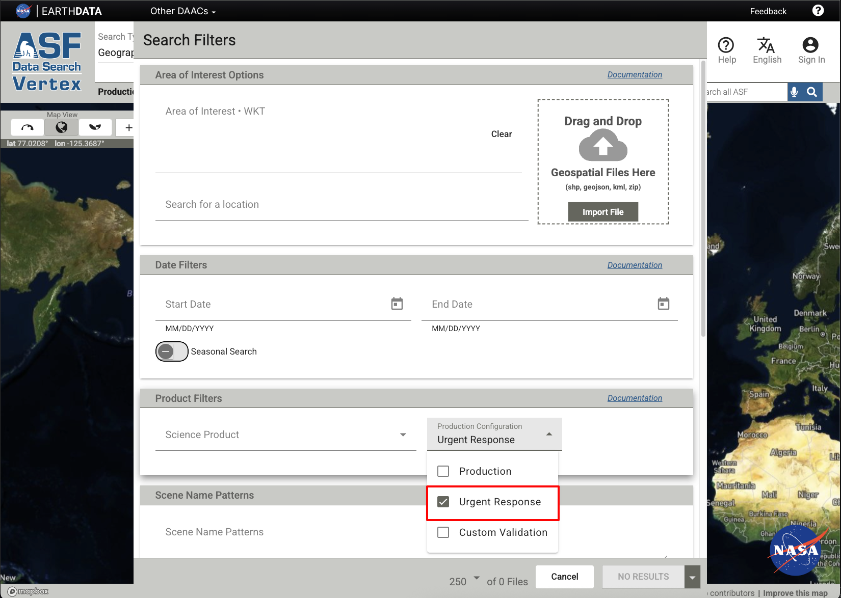 Screenshot of the Urgent Response filter in Vertex selected in the Product Configuration menu.