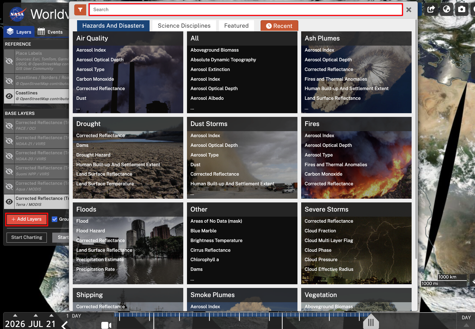 Screenshot highlighting the **Add Layers** button and the search bar. 