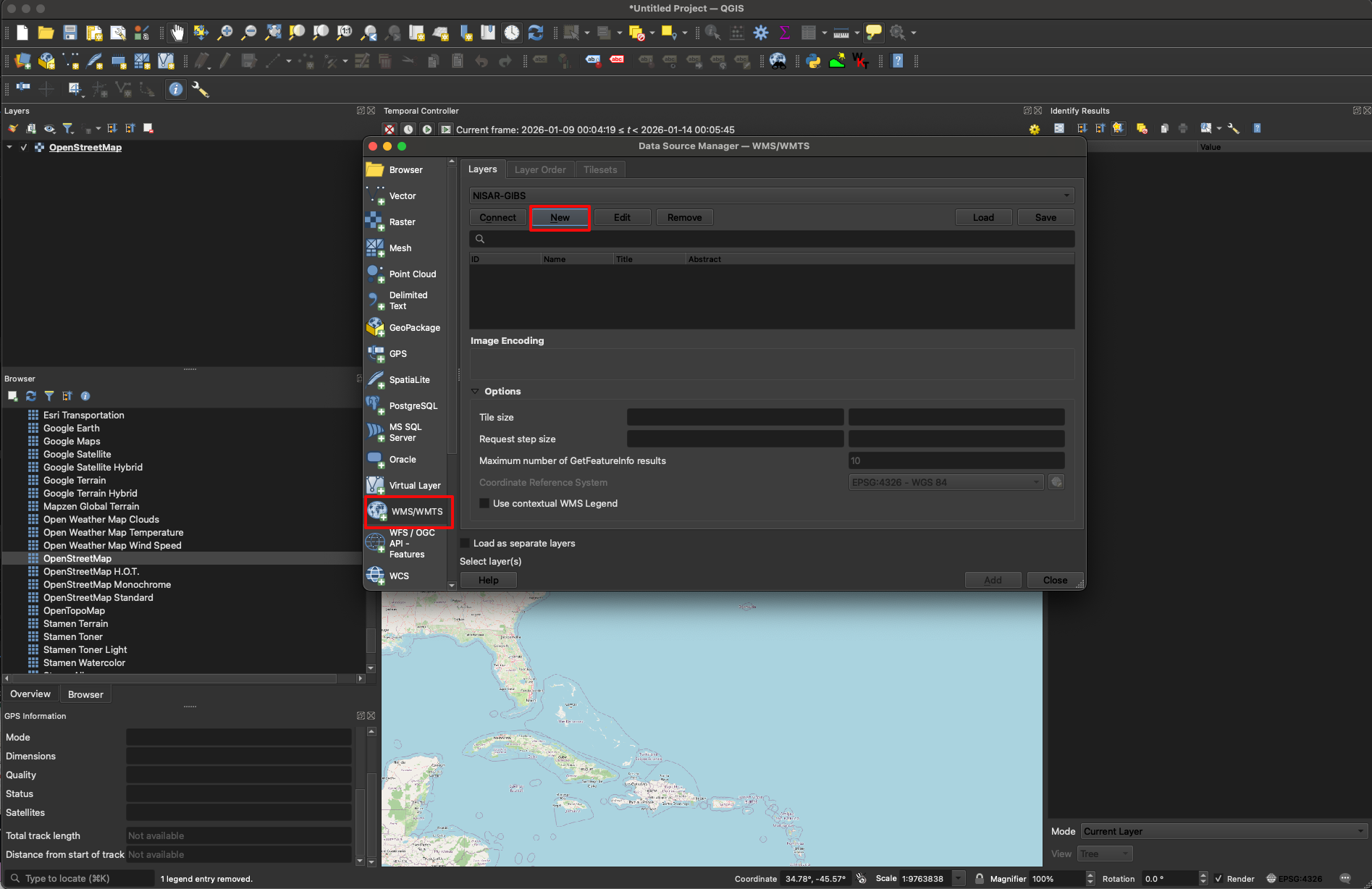 Screenshot of a QGIS window ready to create a connection to the GIBS WMS server.   