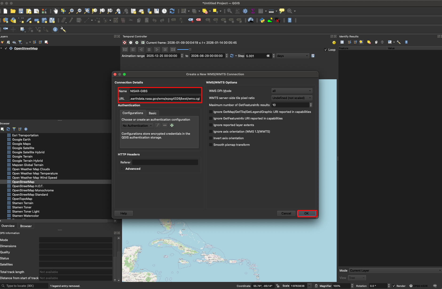 Screenshot of a QGIS window ready to load the GIBS WMS service.   