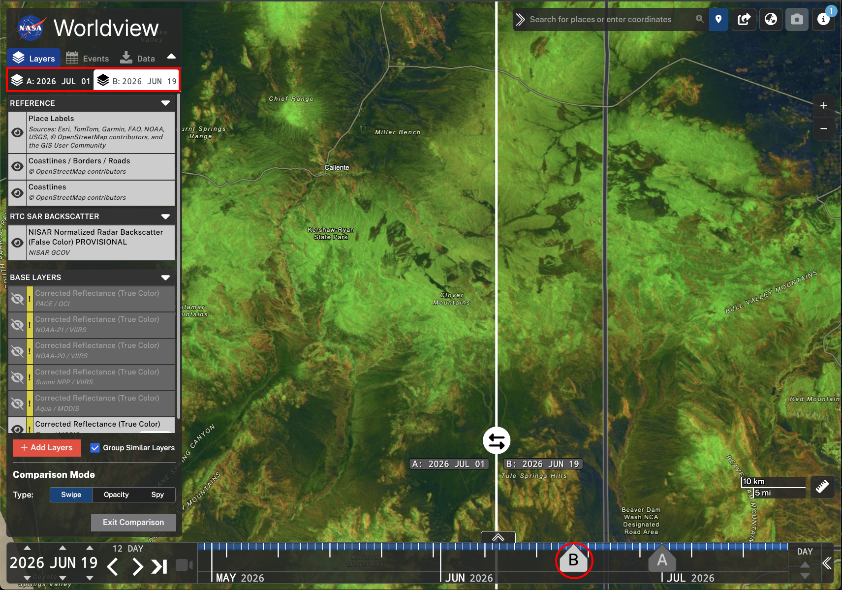 Screenshot highlighting the tabs and time slider arrows to adjust dates in comparison mode. 