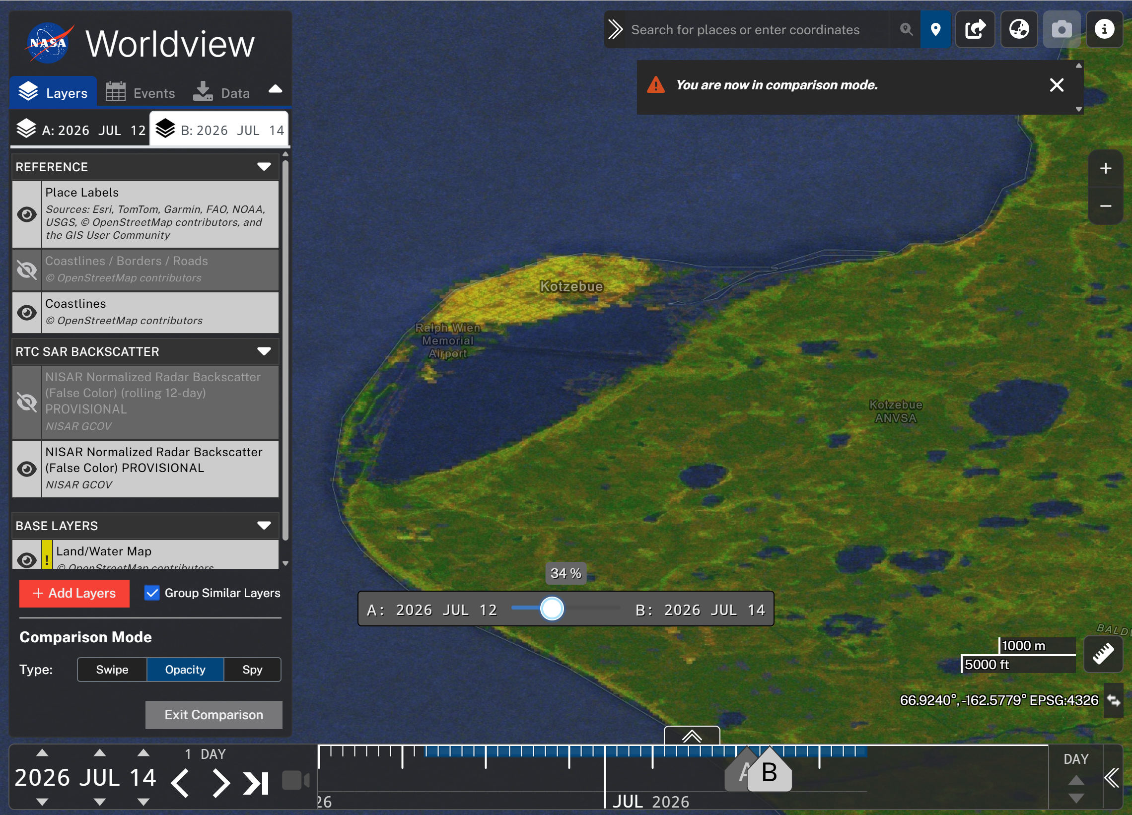 Screenshot highlighting the opacity option in the comparison tool. 