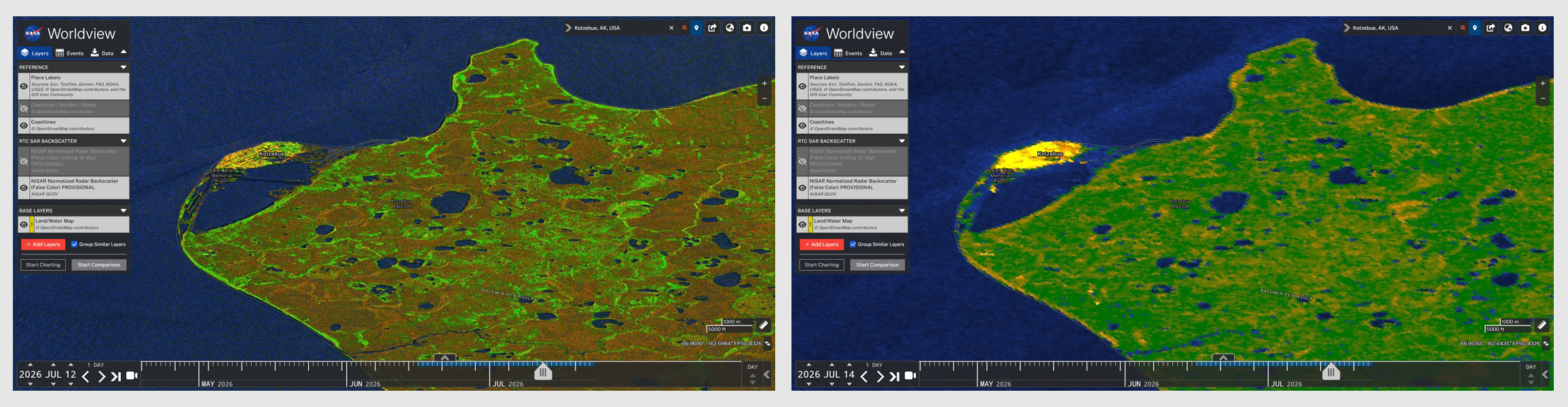 Comparison of 10-m and 80-m source rasters in the visualization