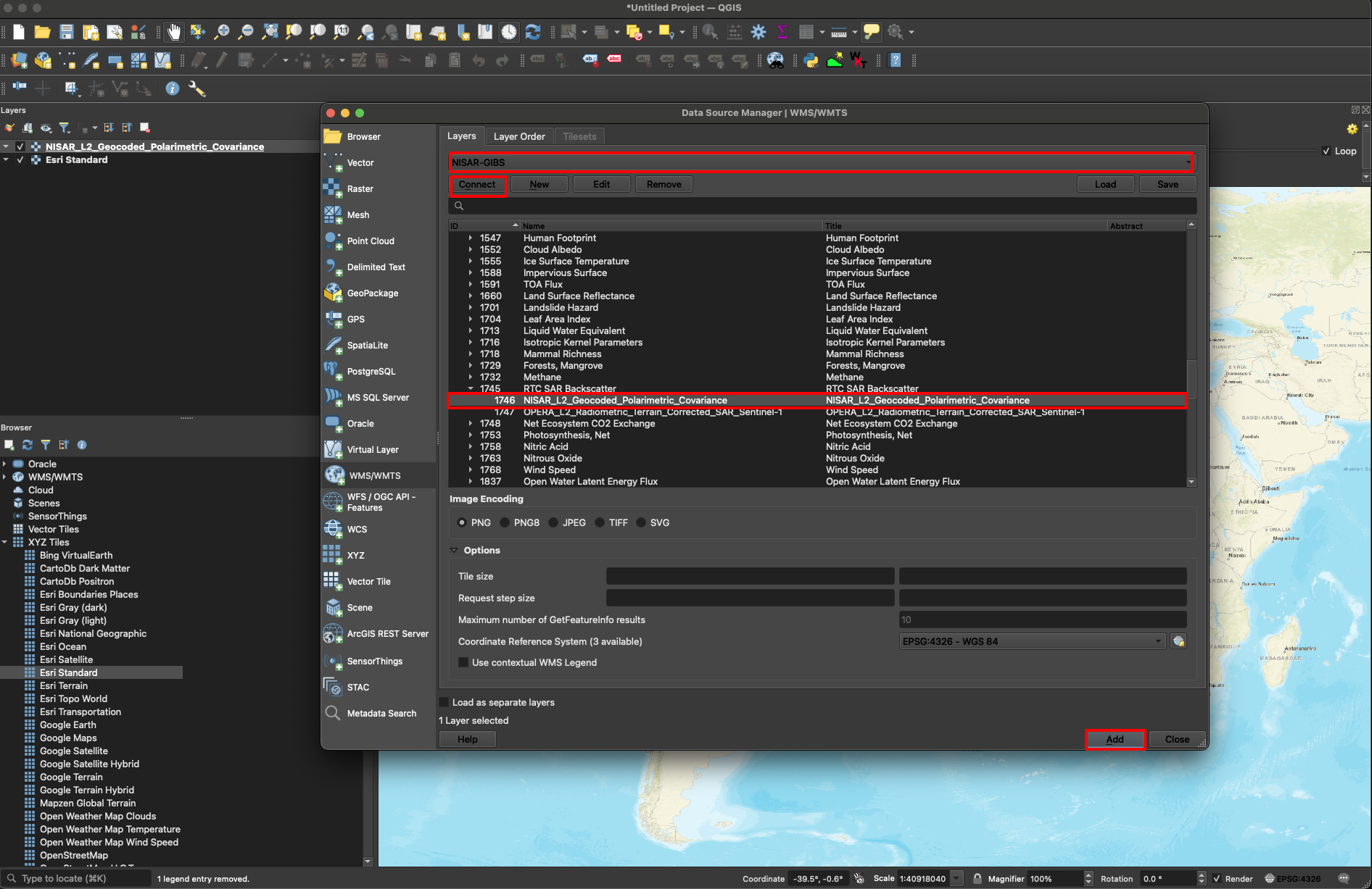 Screenshot of a QGIS window ready to add the NISAR WMS layer.   