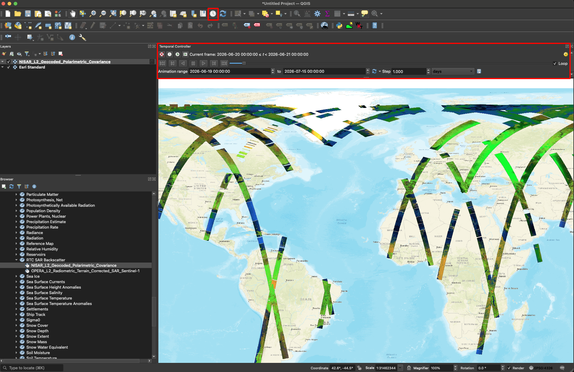 Screenshot highlighting the Temporal Controller tool in QGIS that allows NISAR data to be shown.   